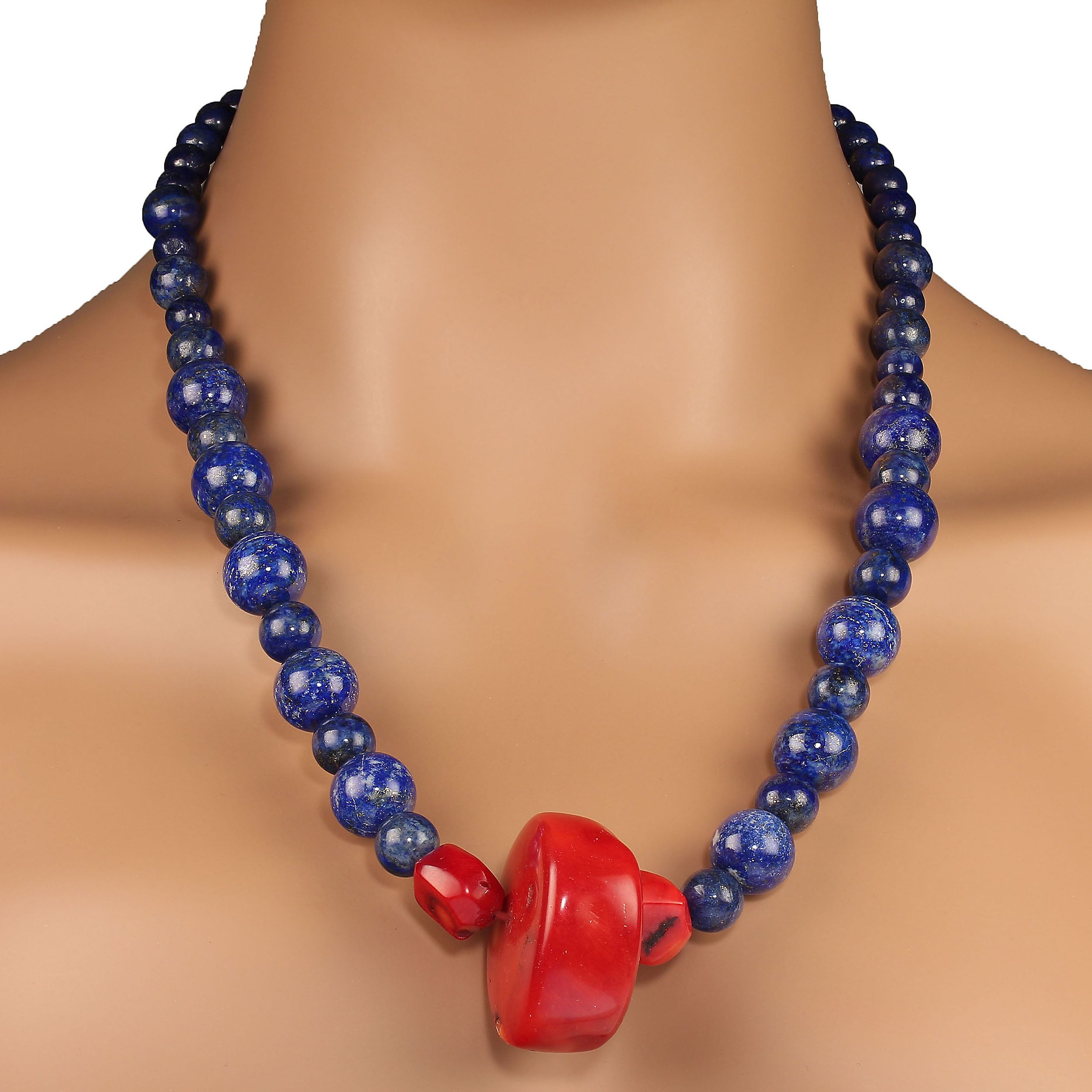 AJD 23 Inch Lapis Lazuli and Red Bamboo Coral Necklace  For Sale