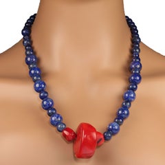 AJD 23 Inch Lapis Lazuli and Red Bamboo Coral Necklace 