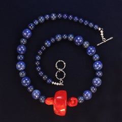 Lapis Lazuli & Red Bamboo Coral Statement Necklace by Aria, 23 Inch