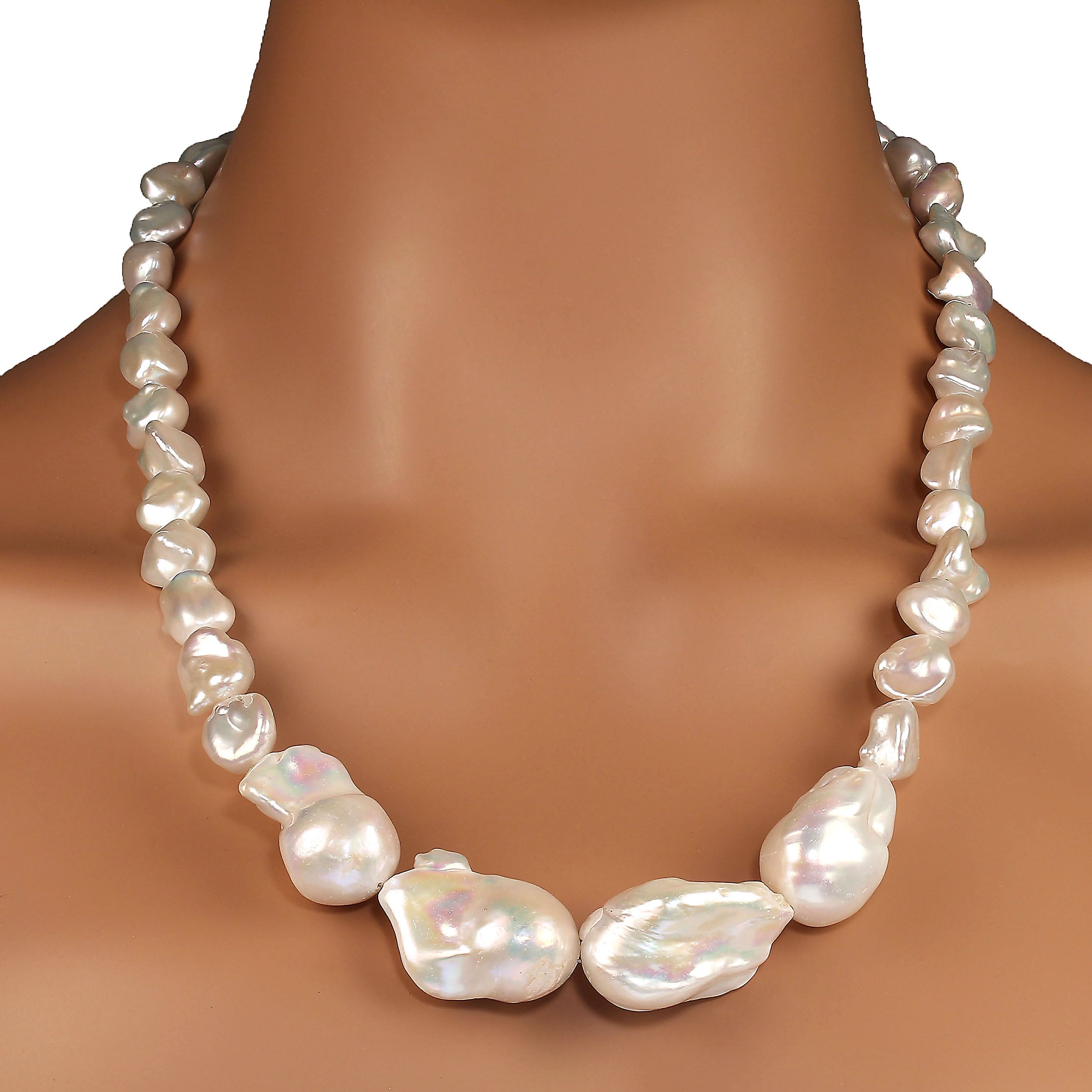 AJD 23 Inch White Pearl Statement necklace with Four Front Focal Pearls.  For Sale