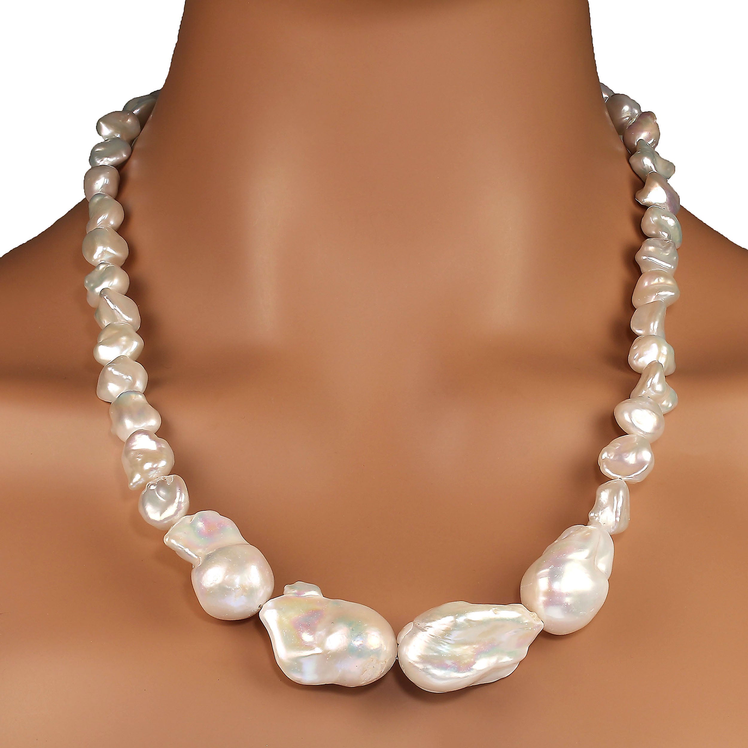 AJD 23 Inch White Pearl Statement necklace with Four Front Focal Pearls.