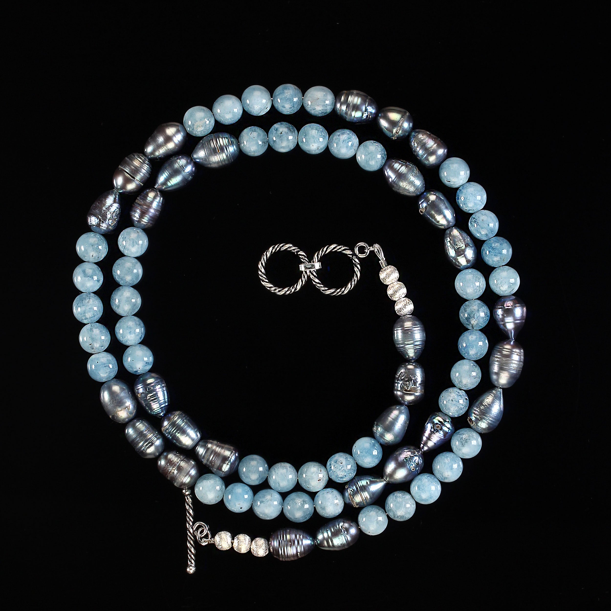 AJD 31 Inch Elegant Gray Pearl and Blue Aquamarine necklace  Great Gift! For Sale