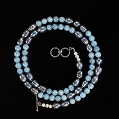 Vintage AJD 31 Inch Elegant Gray Pearl and Blue Aquamarine necklace  Great Gift!