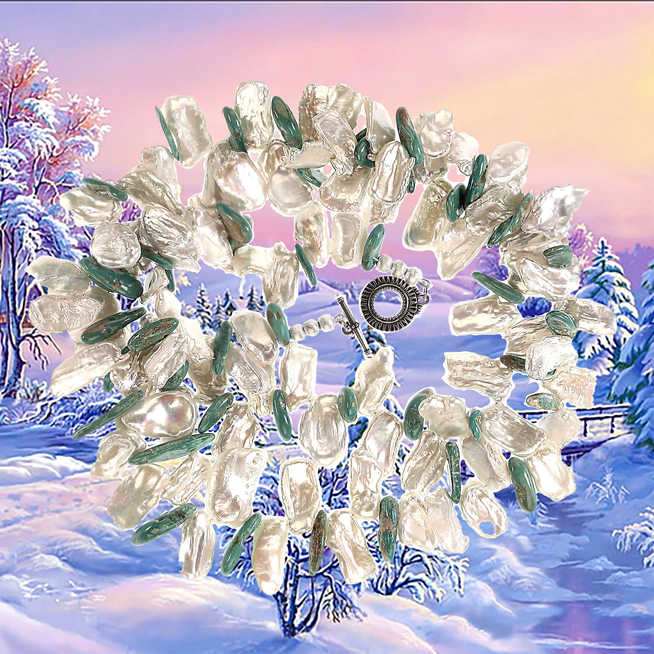 AJD 38 pollici di collana Elisa con pendenti turchesi e perle Keshi bianche piatte