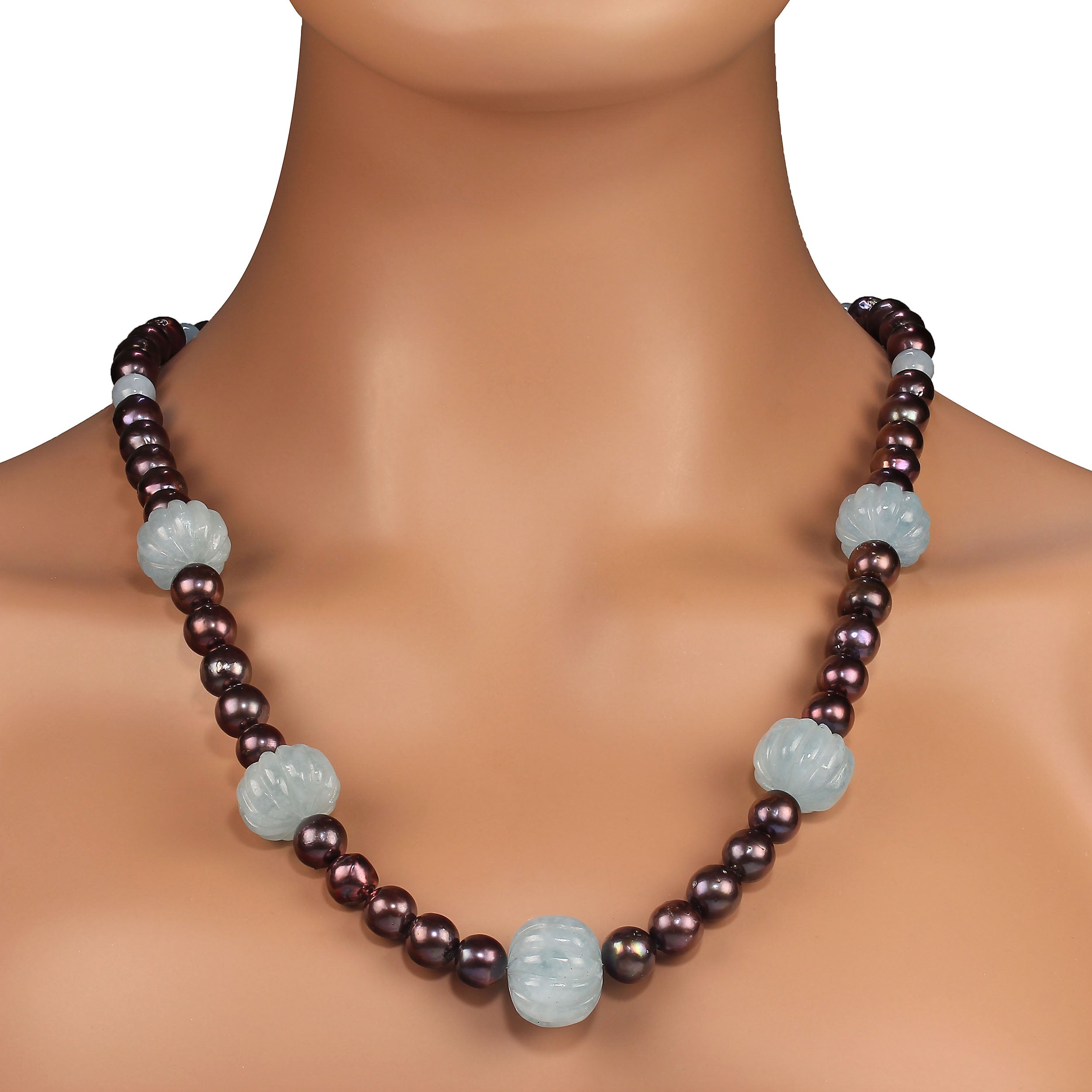 AJD28 Inch Fluted Aquamarines and Brown Pearls Statement necklace  For Sale