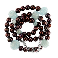 AJD28 Inch Fluted Aquamarines and Brown Pearls Statement necklace