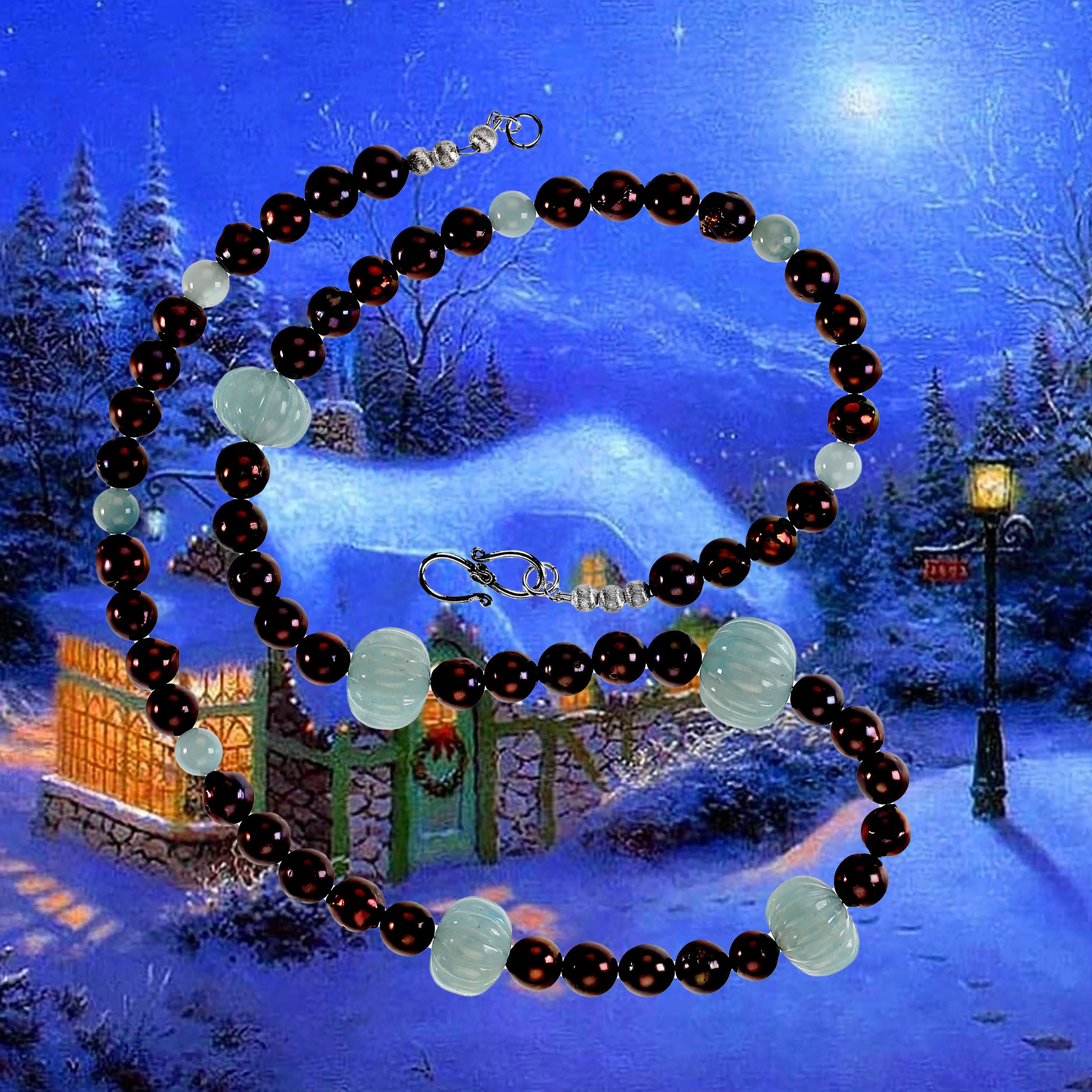 AJD28 Pollici di collana con perle marroni e acquamarine scanalate