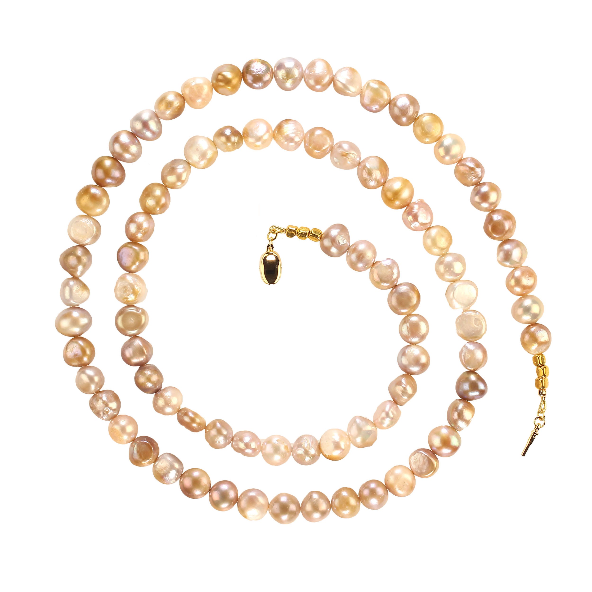 Gorgeous and elegant 32-inch freshwater pearl necklace in shades of gold, mauve, and gray.  This unique 8-10mm pearl necklace is luscious. The glowing pearls are a delight to wear.  At 32 inches it can possibly be a double strand tightly wrapped.  A