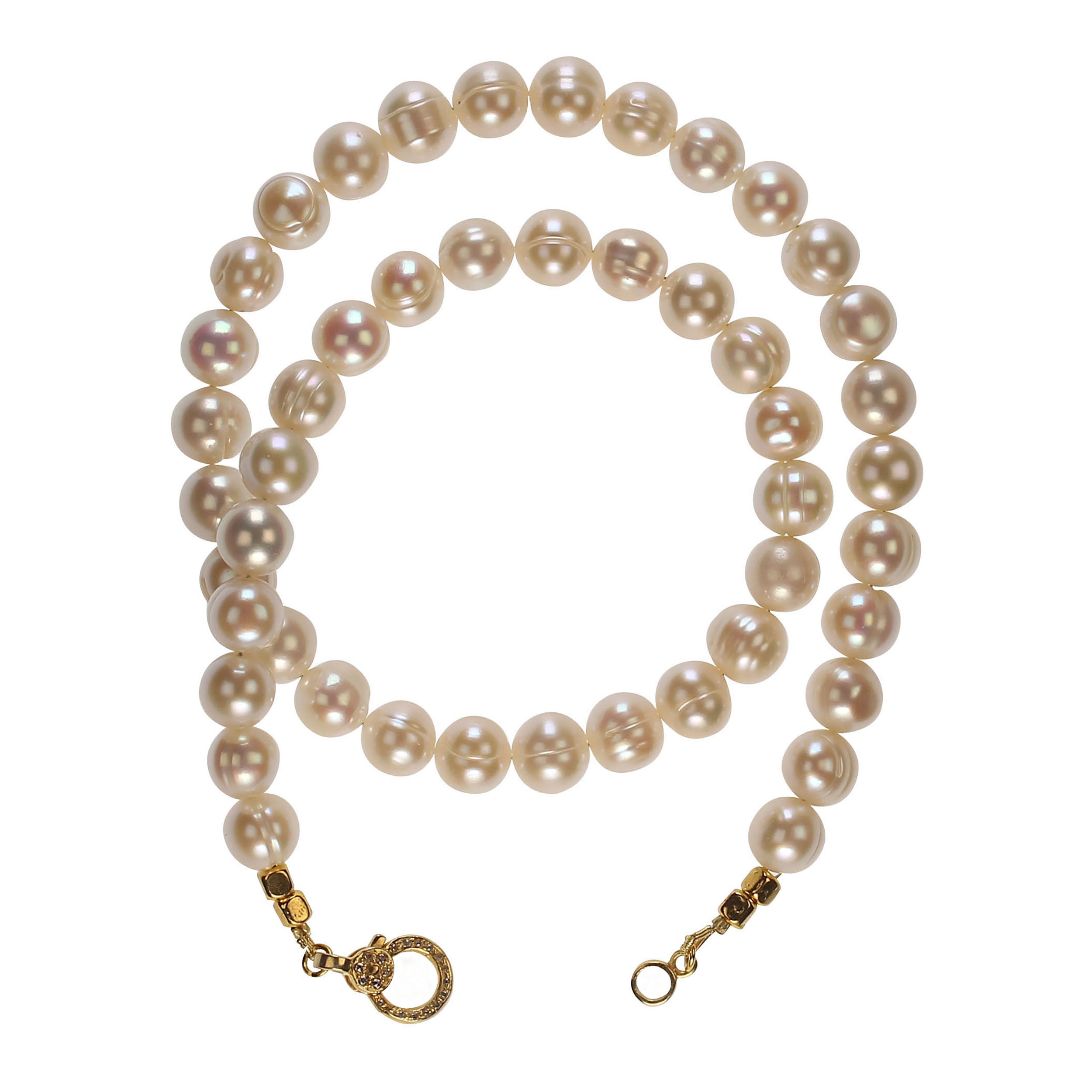 Perfect gift for Valentine's Day.  This elegant 17-inch white pearl necklace is just as perfect a gift today as it was 100 years ago and will be 100 years from now.  This gorgeous necklace is secured with a diamond chip studded vermeil lobster claw