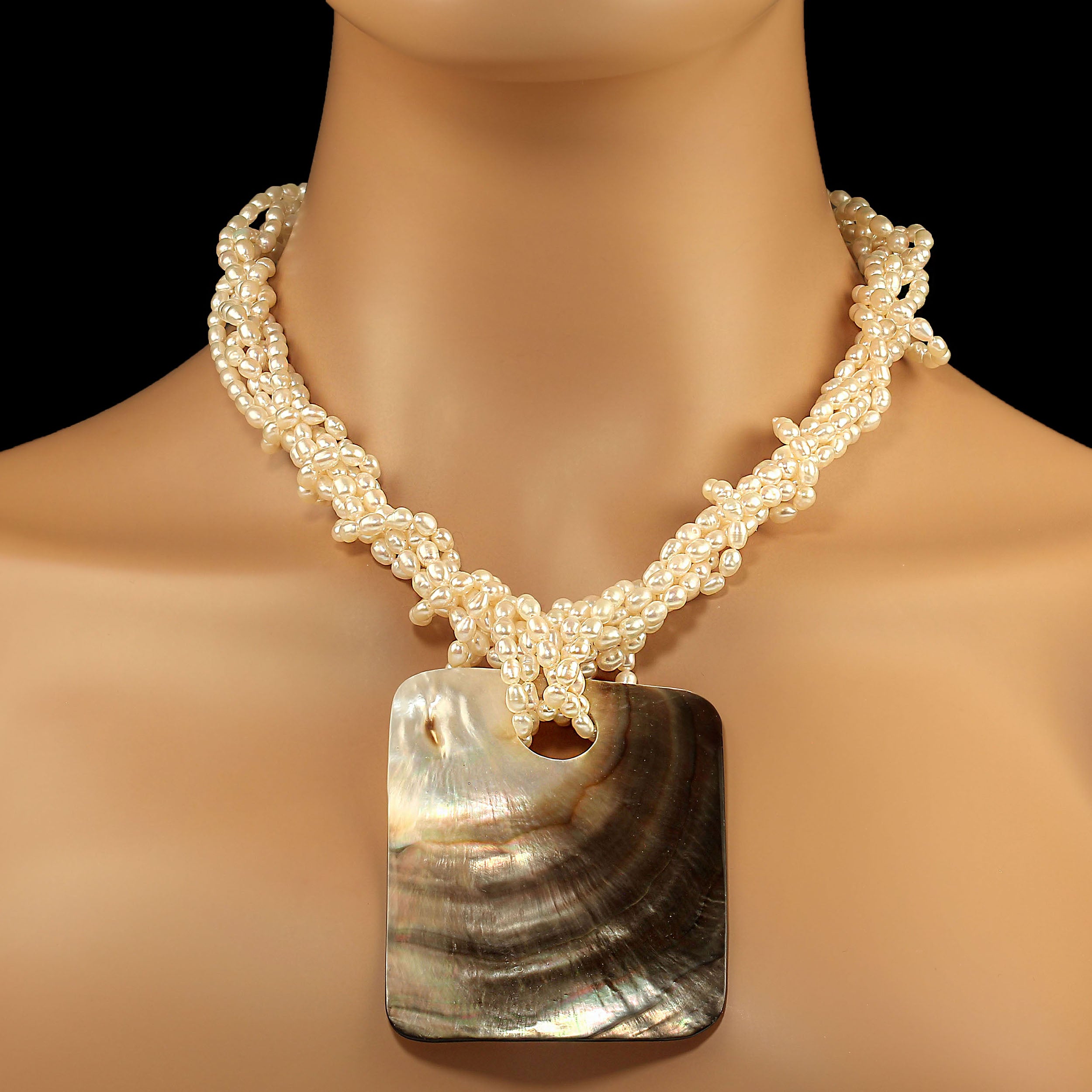 AJD 19 Inch 5 Strand Pearl Necklace With Large Shell Focal