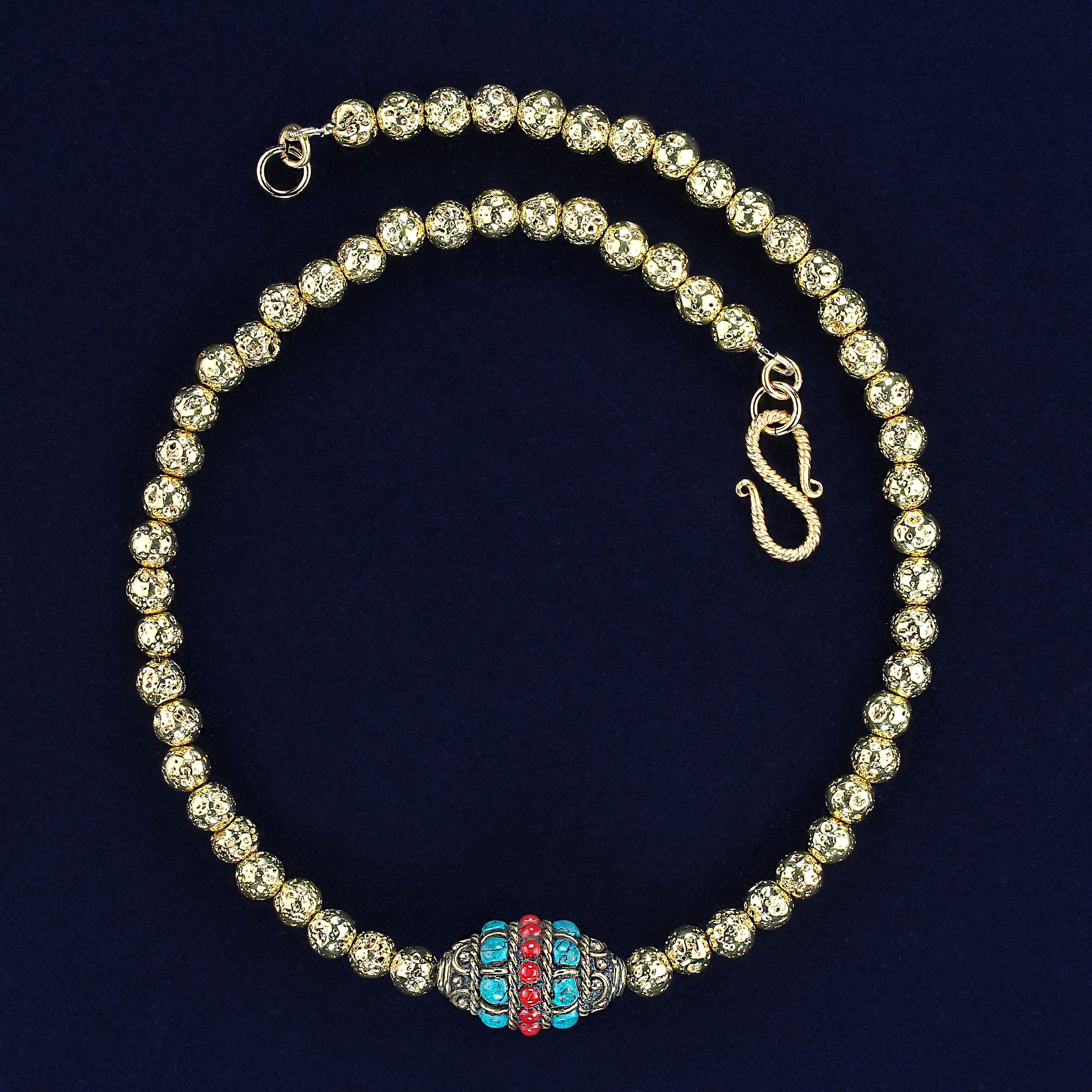 AJD 17 Inch Gold Washed 7mm Lava Rock with Asian Focal Necklace For Sale