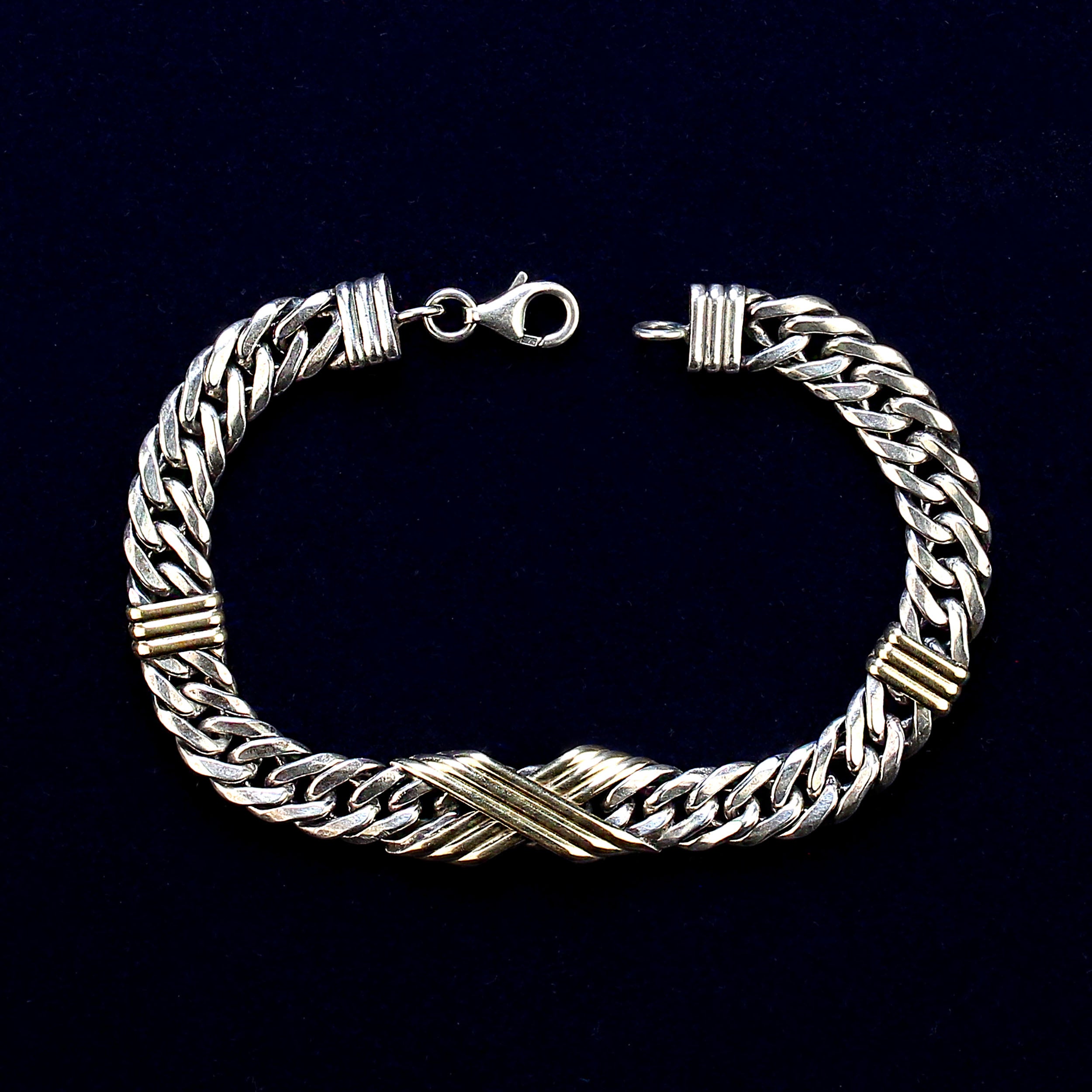 AJD Men's Sterling Silver Link Bracelet with Goldy Bars 7.5 Inches For Sale