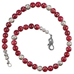 AJD 18 Inch Faceted Ruby necklace with Silvery Accents  July Birthstone