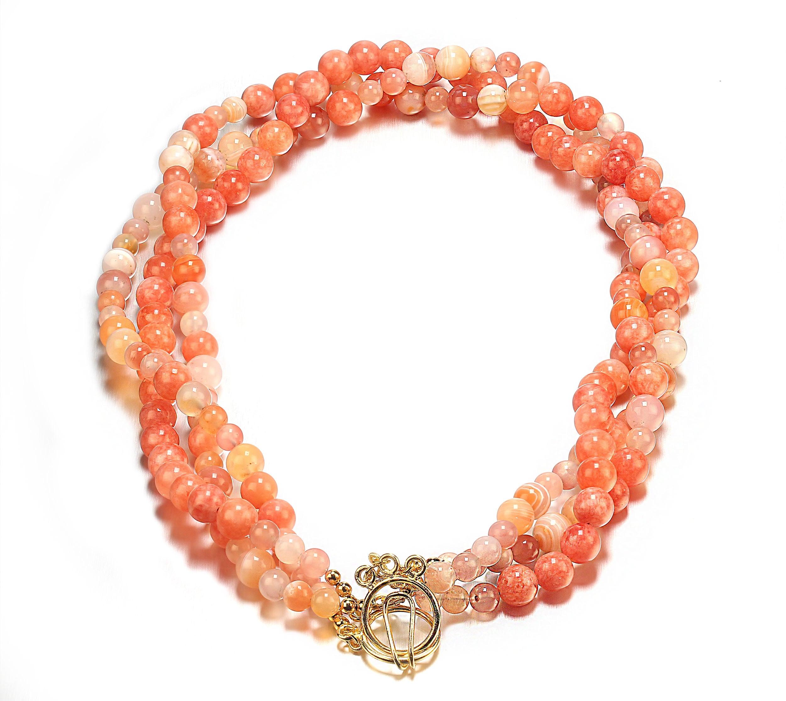 Elegant Three-Strand Coral Agate Necklace by Aria Jewelry Design, 19" For Sale