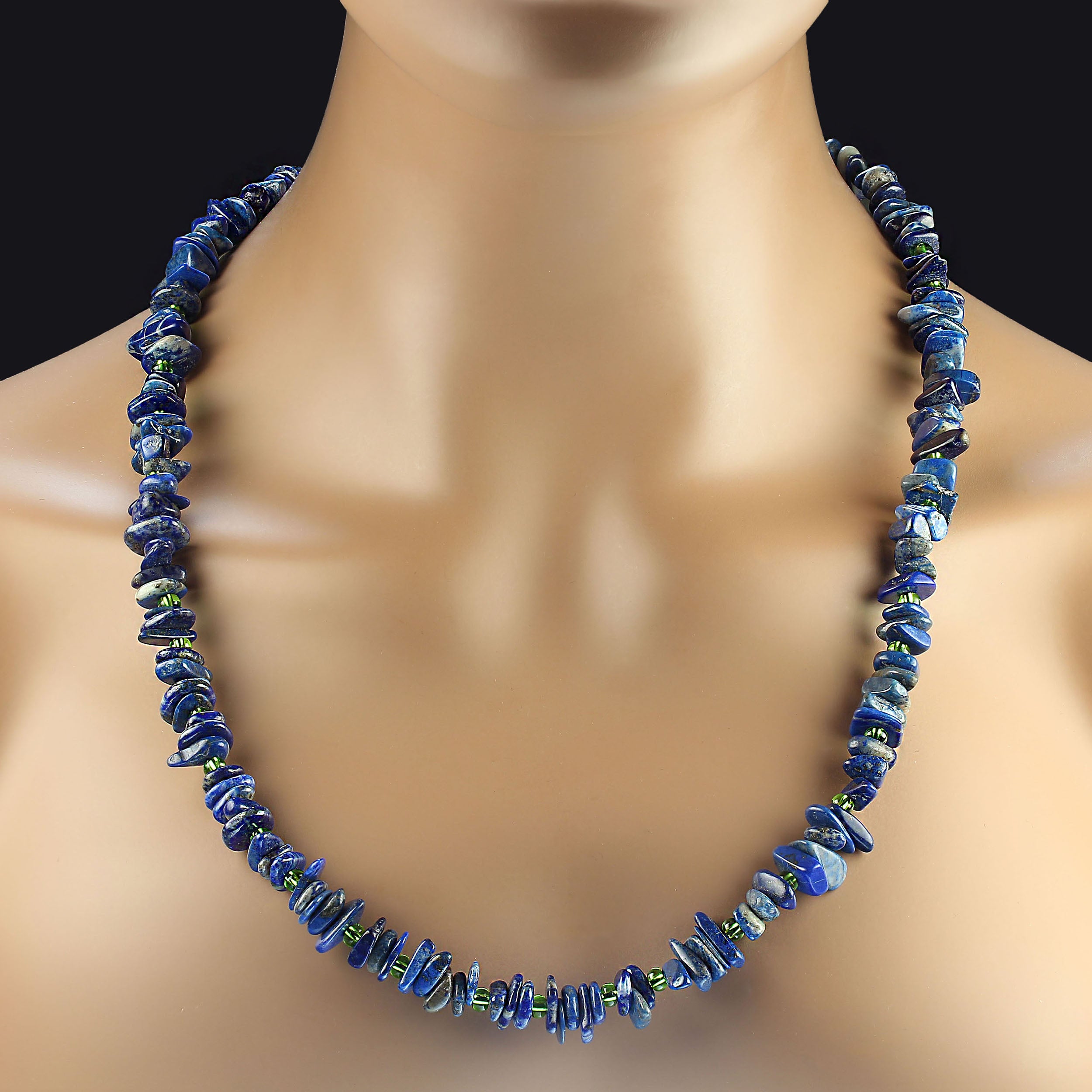 Lapis Lazuli and Green Czech Crystal Beaded Necklace, 33 Inches Long