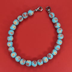 AJD 16" Blue Chinese Polymer Bead Necklace w/Mauve and Tan Flowers Great Gift!