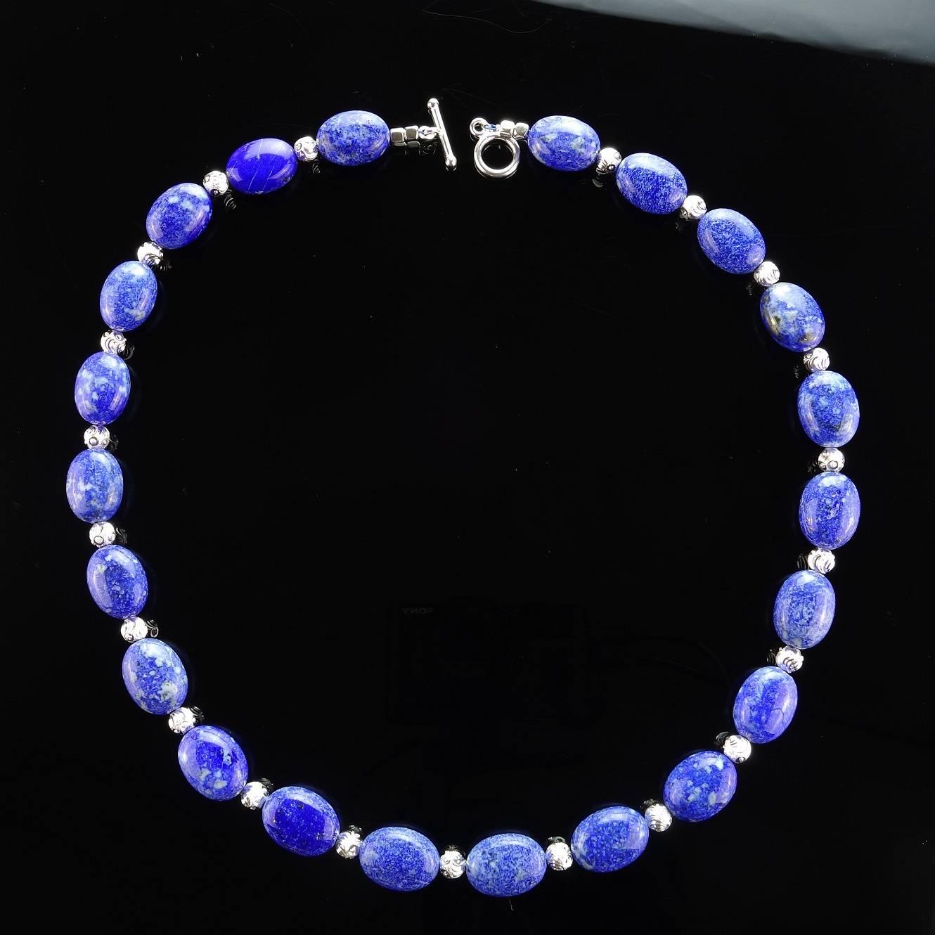 Medium Blue Puffy Lapis Lazuli, 18x13mm, nuggets with engraved silver tone accents, 5mm, and a Sterling Silver toggle clasp necklace.  This delightful necklace is such a lovely shade of blue and the size and shape of the nuggets make it very