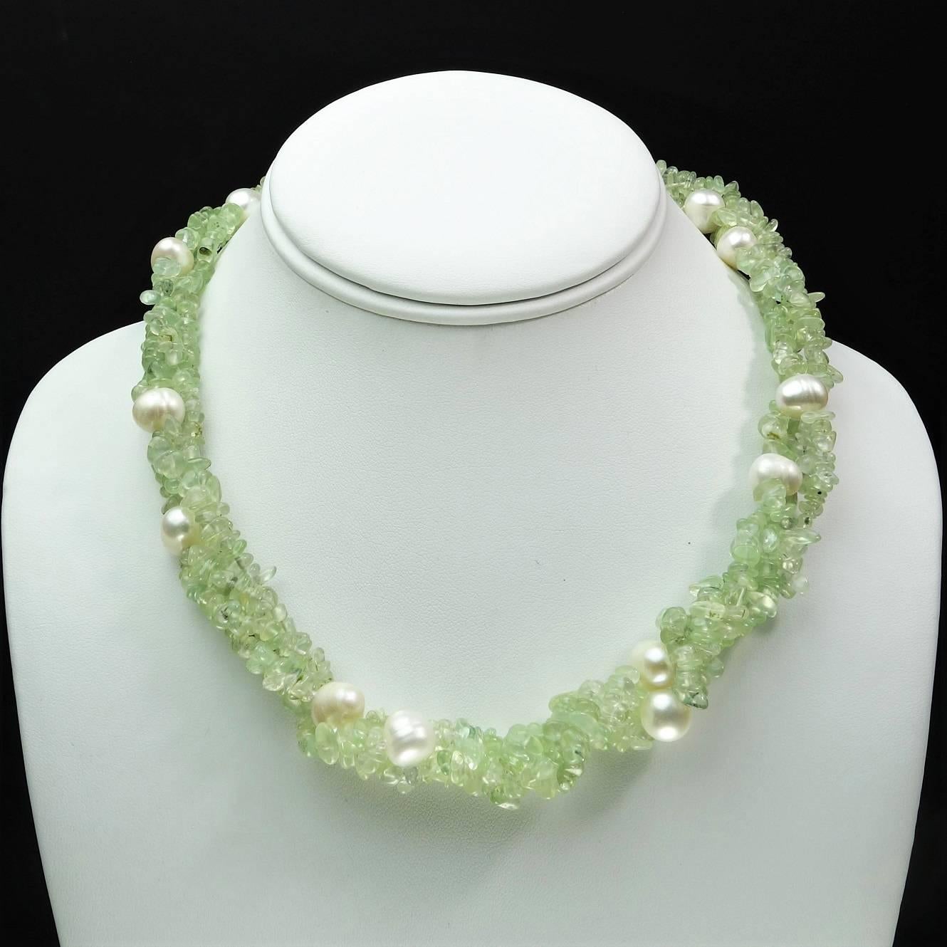 Artisan AJD Brazilian Prehnite Polished Chips and Freshwater Pearl Necklace