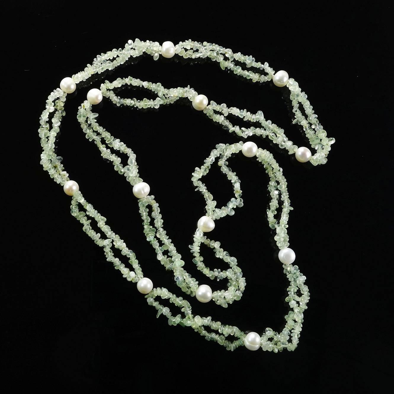 Women's AJD Brazilian Prehnite Polished Chips and Freshwater Pearl Necklace