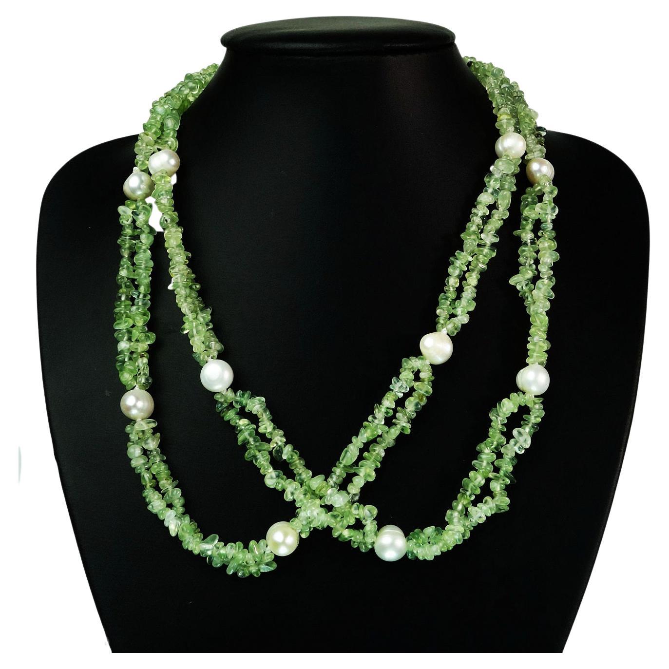 AJD Brazilian Prehnite Polished Chips and Freshwater Pearl Necklace