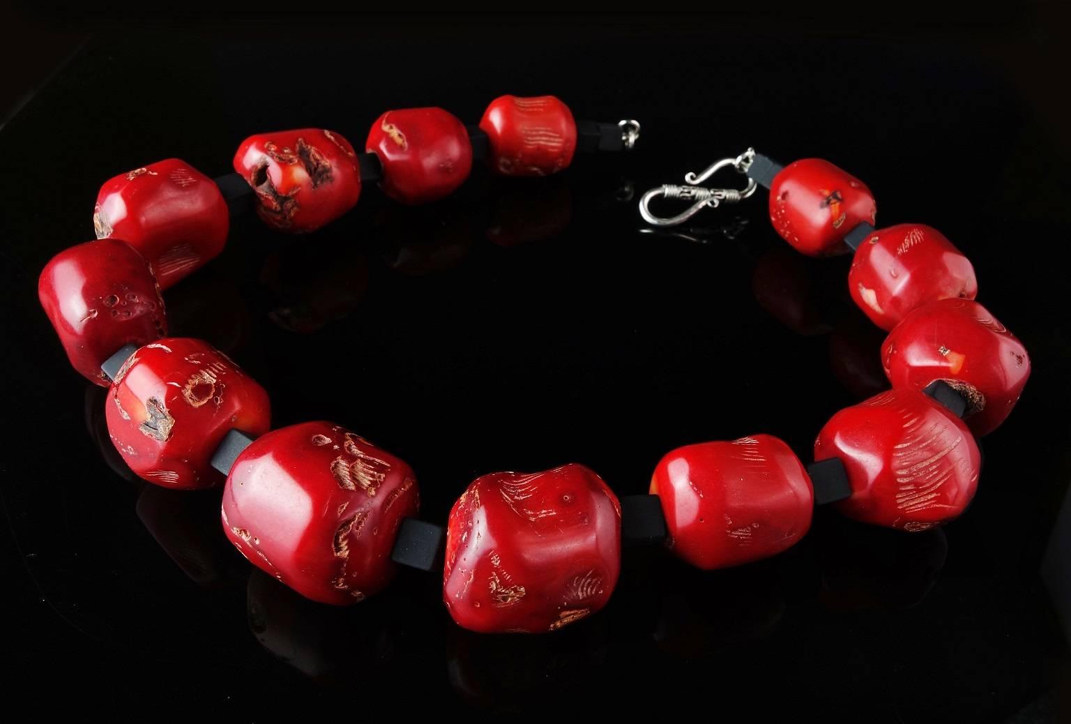 Deep Red Nuggets of Bamboo Coral and squares of frosted Black Onyx create a sleek, elegant necklace. These two elements in combination are perfect for the Fall - Winter collection, they enhance any ensemble.  The Coral nuggets average 21x23mm, and