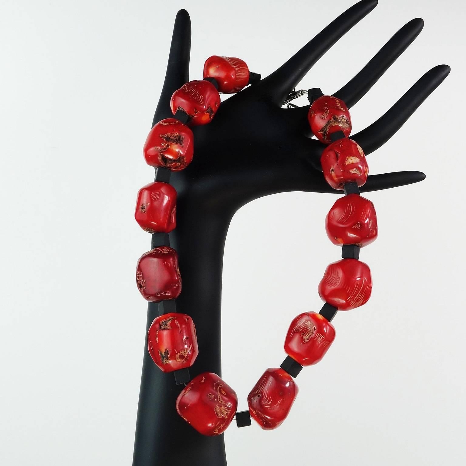 Women's Red Coral and Black Onyx Necklace