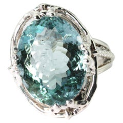 AJD Beautiful Glittering Real 8.18Cts BlueGreen Aquamarine Silver Ring