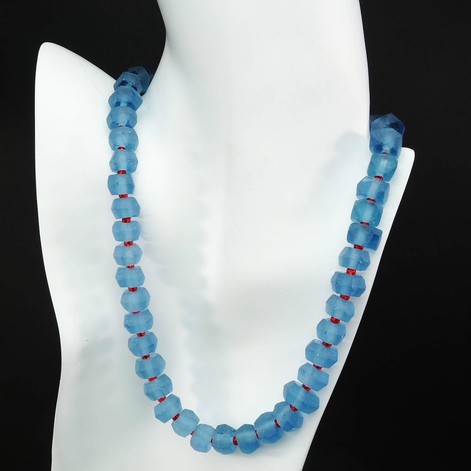 Checkerboard gemcut frosted blue Sea Glass rondels with red sparkly accents necklace.  Size: up to approximately 10 mm;  Length: 17.5 inches;  Clasp: silver tone.  More from this seller by putting gemjunky into 1stdibs search bar.