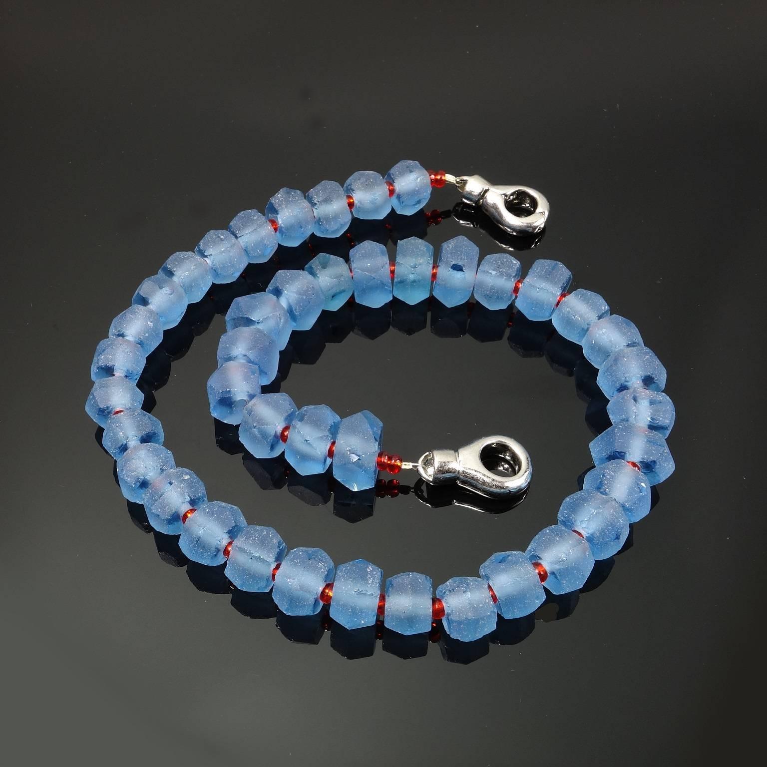 Women's or Men's Blue Sea Glass Necklace with red sparkle spacer accents