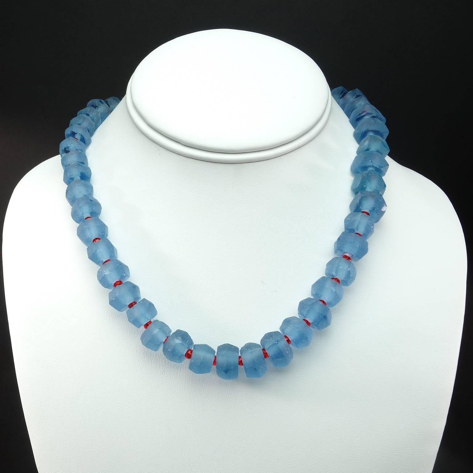 Blue Sea Glass Necklace with red sparkle spacer accents 3