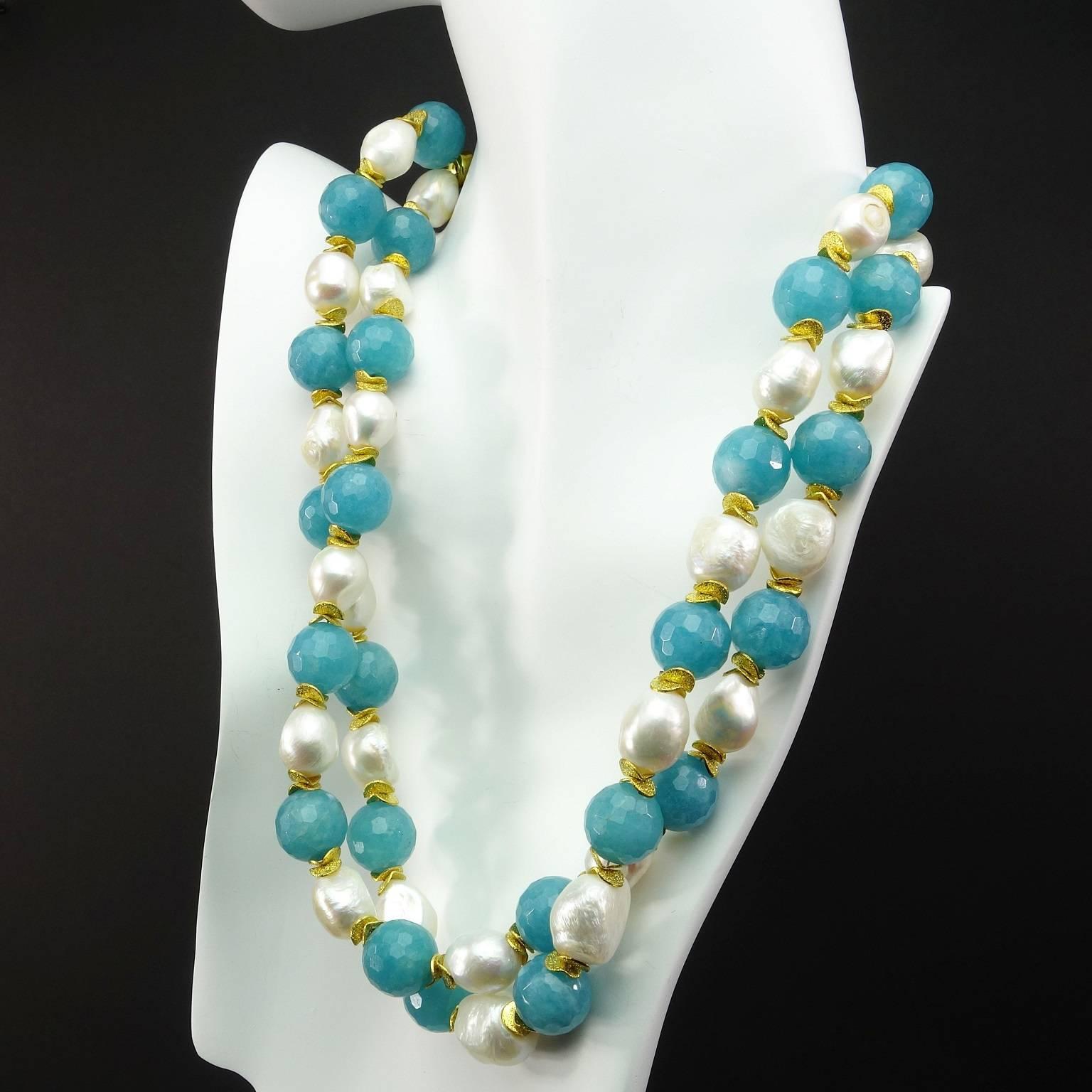 Double Strand Turquoise Agate and Pearls Necklace In Excellent Condition In Raleigh, NC
