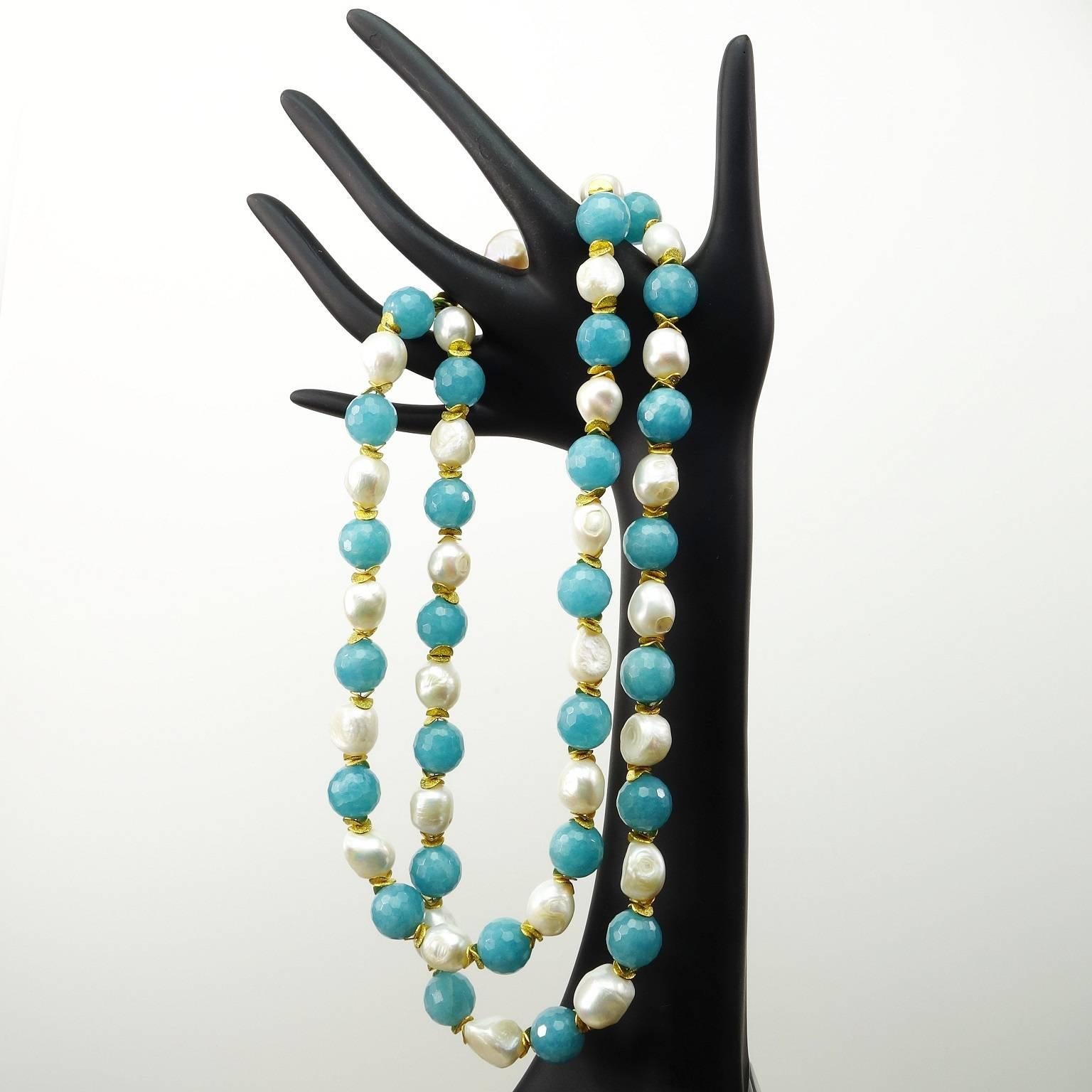 Women's or Men's Double Strand Turquoise Agate and Pearls Necklace