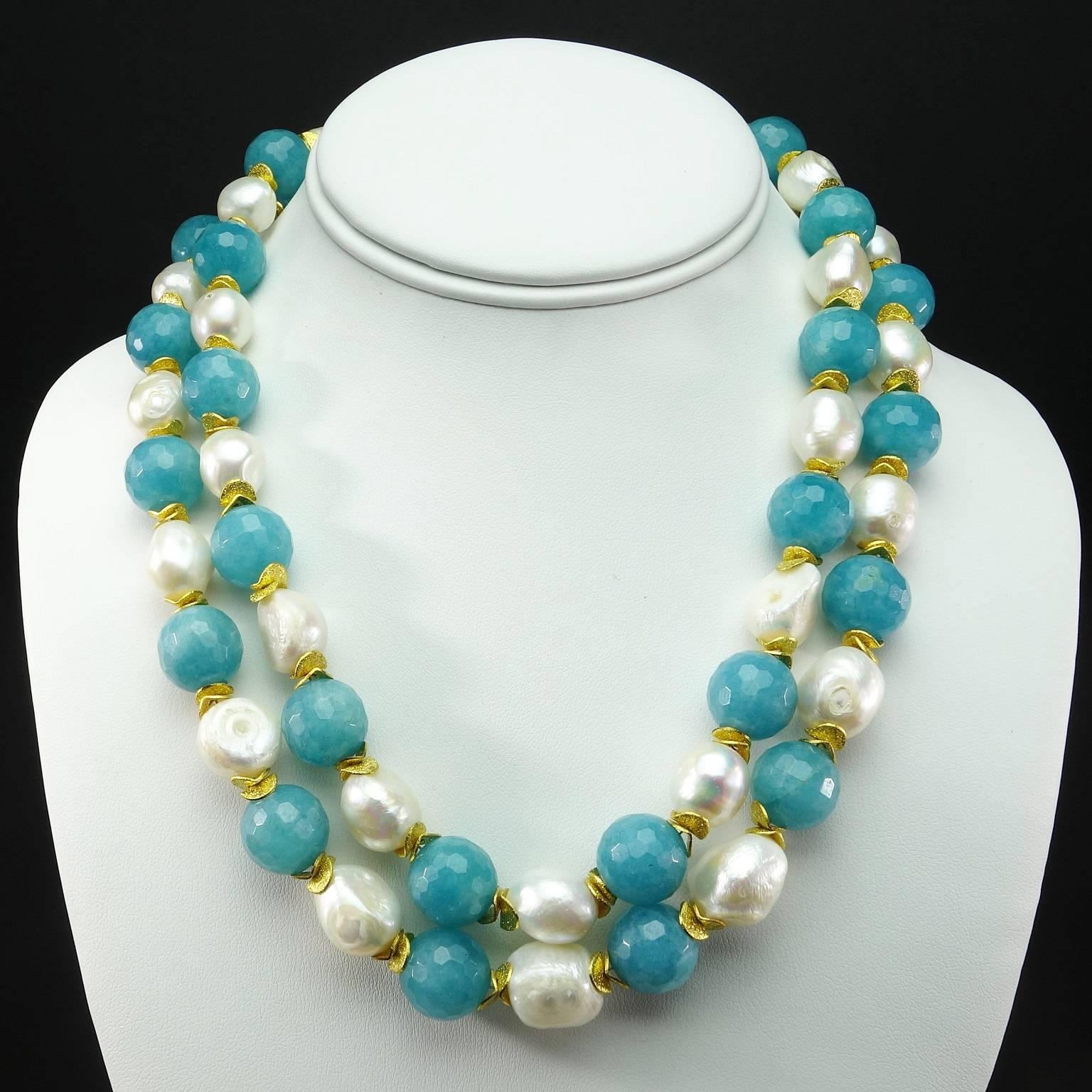 Double Strand Turquoise Agate and Pearls Necklace 1