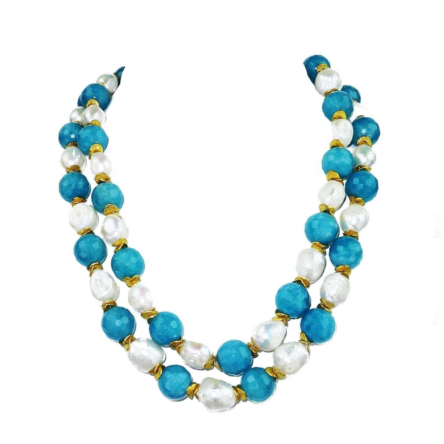 Double Strand Turquoise Agate and Pearls Necklace