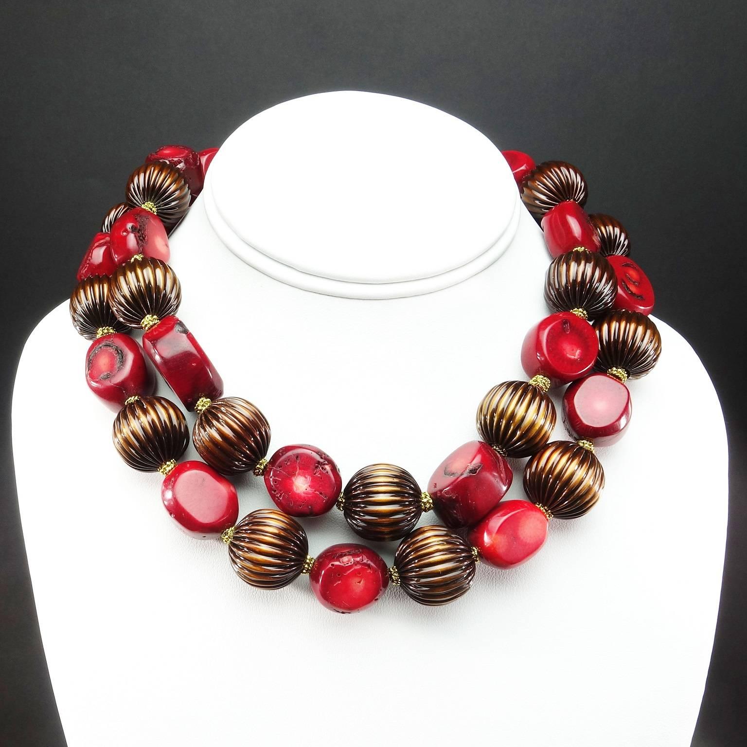 Artisan AJD 17 Inch Double Strand Deep Red Coral and Bronze Bead Choker Necklace