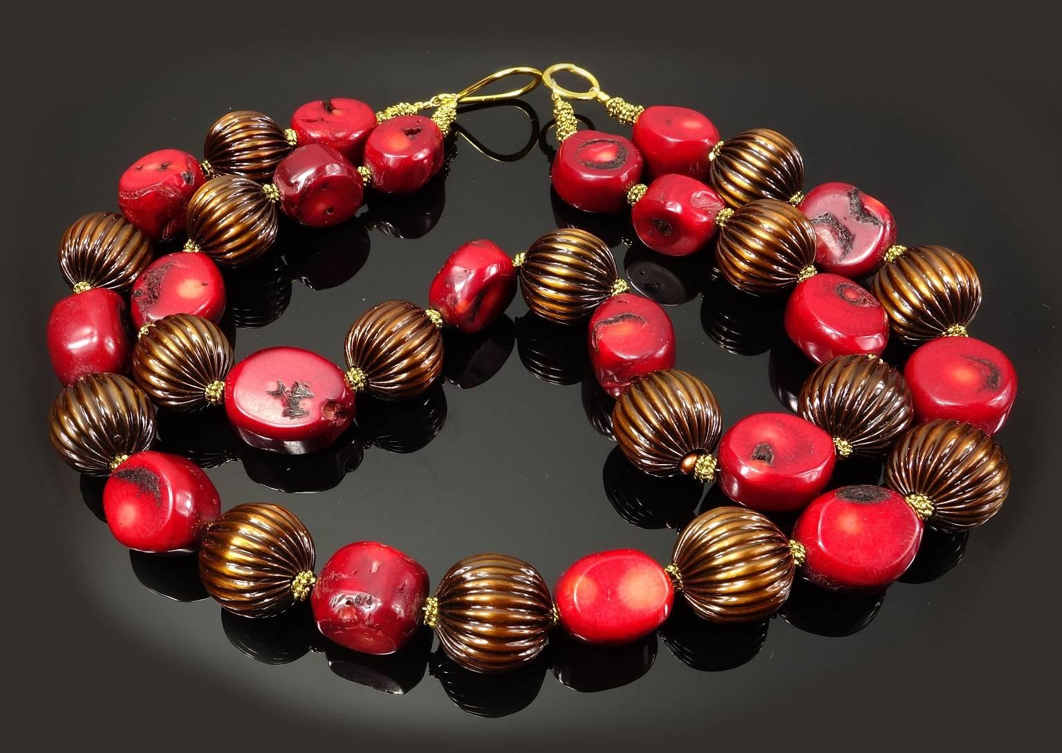 Women's AJD 17 Inch Double Strand Deep Red Coral and Bronze Bead Choker Necklace