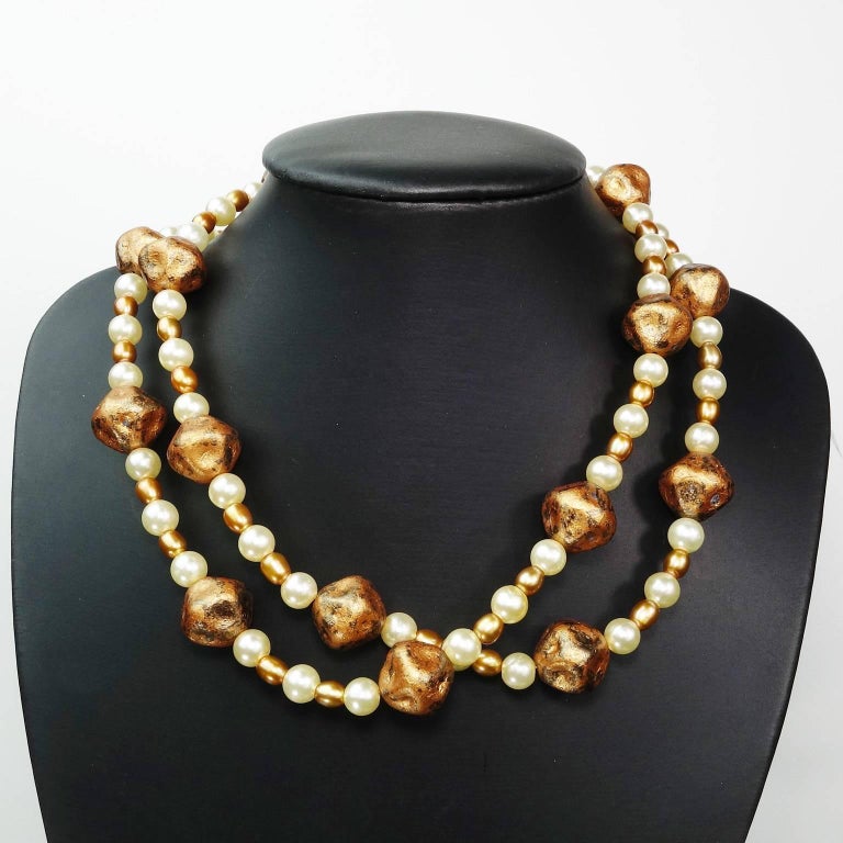 Double Strand Pearl Necklace with Bronze Czech Nuggets For Sale at 1stdibs