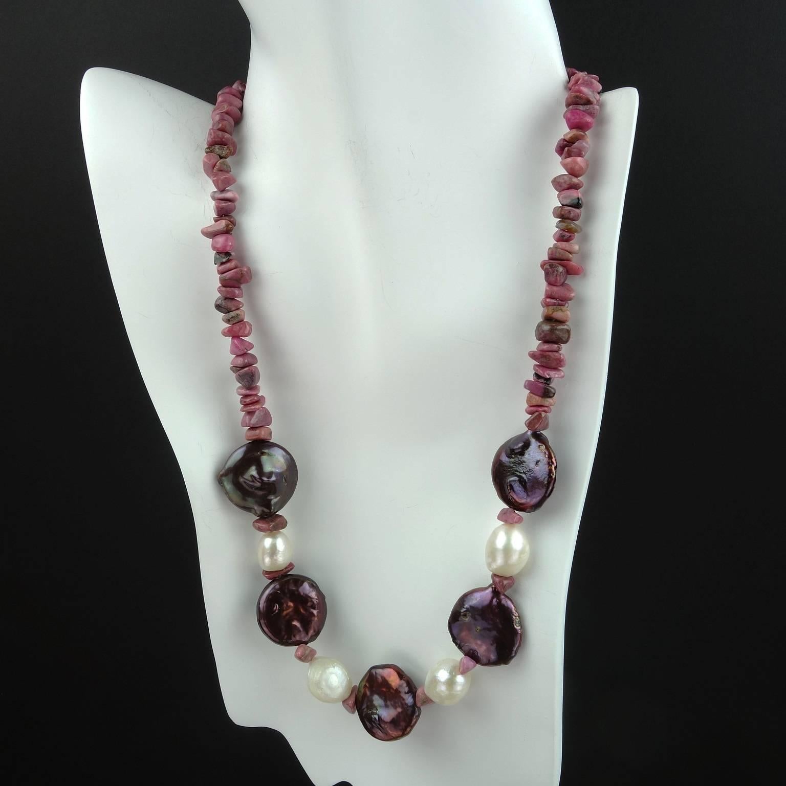 Iridescent Mauve Coin Pearls in Combination with Large Wrinkle Pearls grace the front of this Necklace. Polished tumbled Rhodonite chips complete this charming necklace along with a lovely baroque pearl clasp. These Mauve coin Pearls measure 20mm,