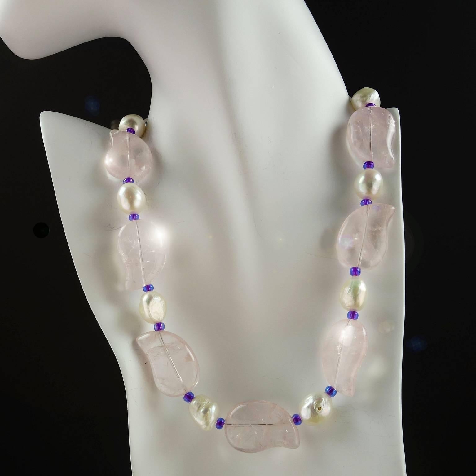 Lovely Leaf Shape Rose Quartz and White Pearl Necklace with Pearl Clasp.  These highly polished Rose Quartz leaves are transparent and alternate with White Pearls. They are accented with purple Czech beads.  The clasp is a Baroque Pearl and can be a