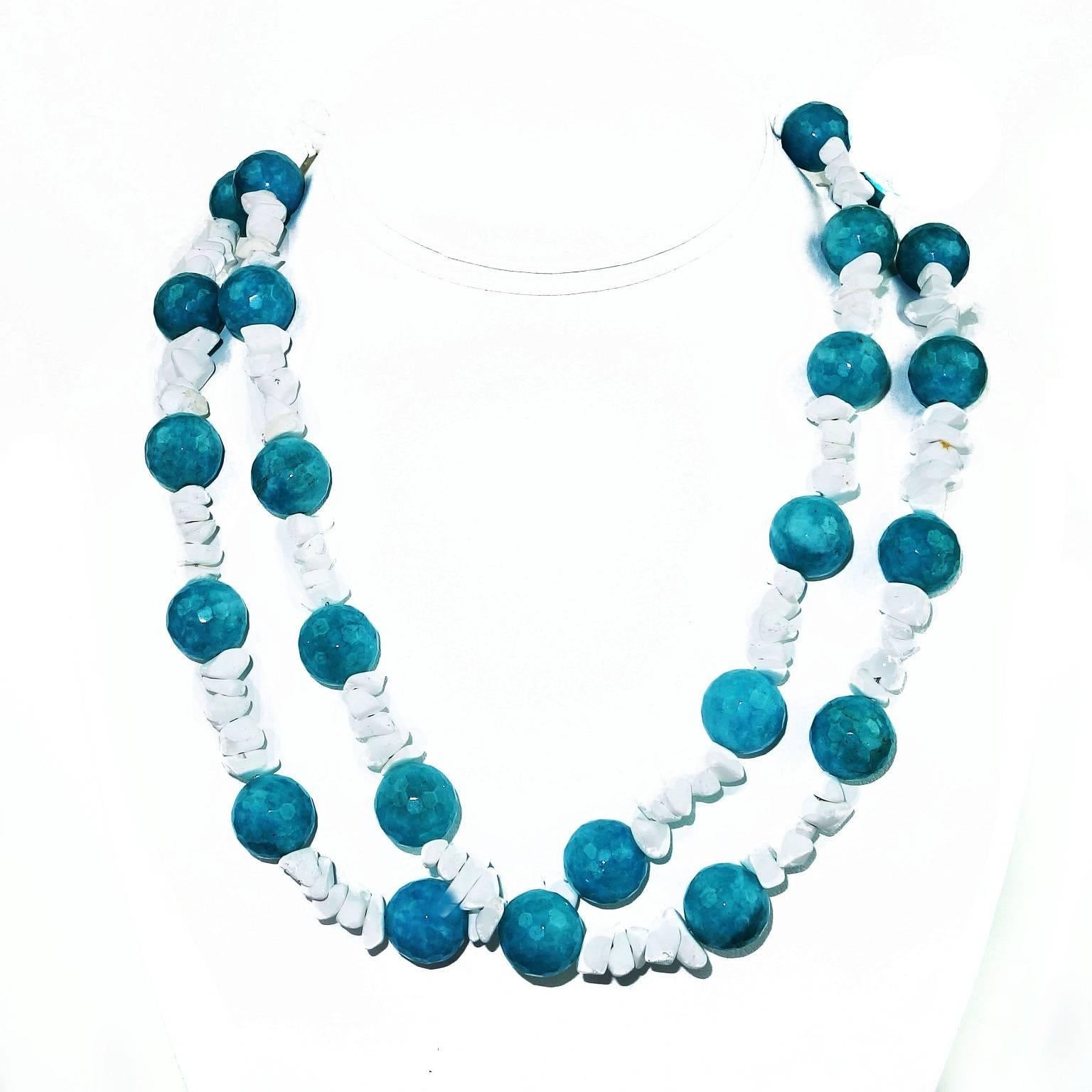 Bead AJD 19 Inch Two Strands Blue Agate Balls and White Magnesite necklace 