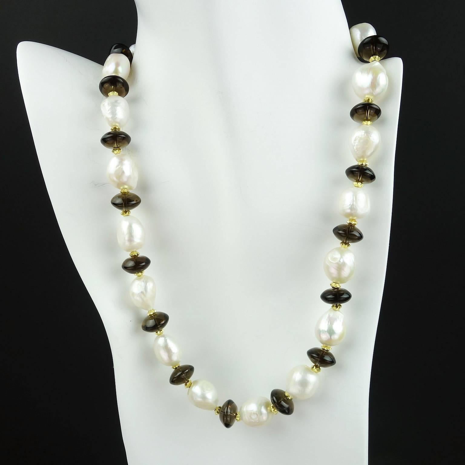 Artisan Gemjunky Classic Necklace of White Pearls and Smoky Quartz Rondelles