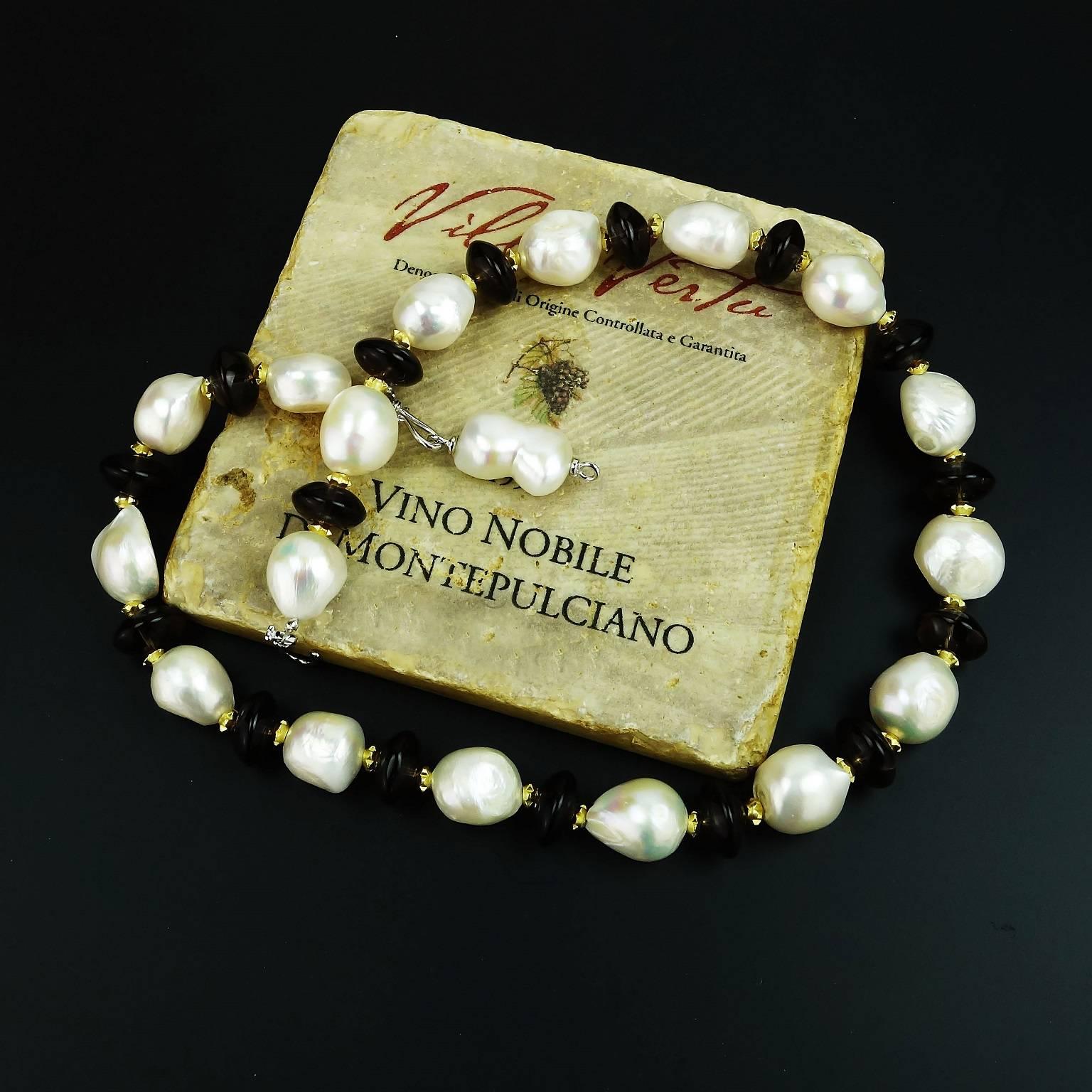Women's Gemjunky Classic Necklace of White Pearls and Smoky Quartz Rondelles