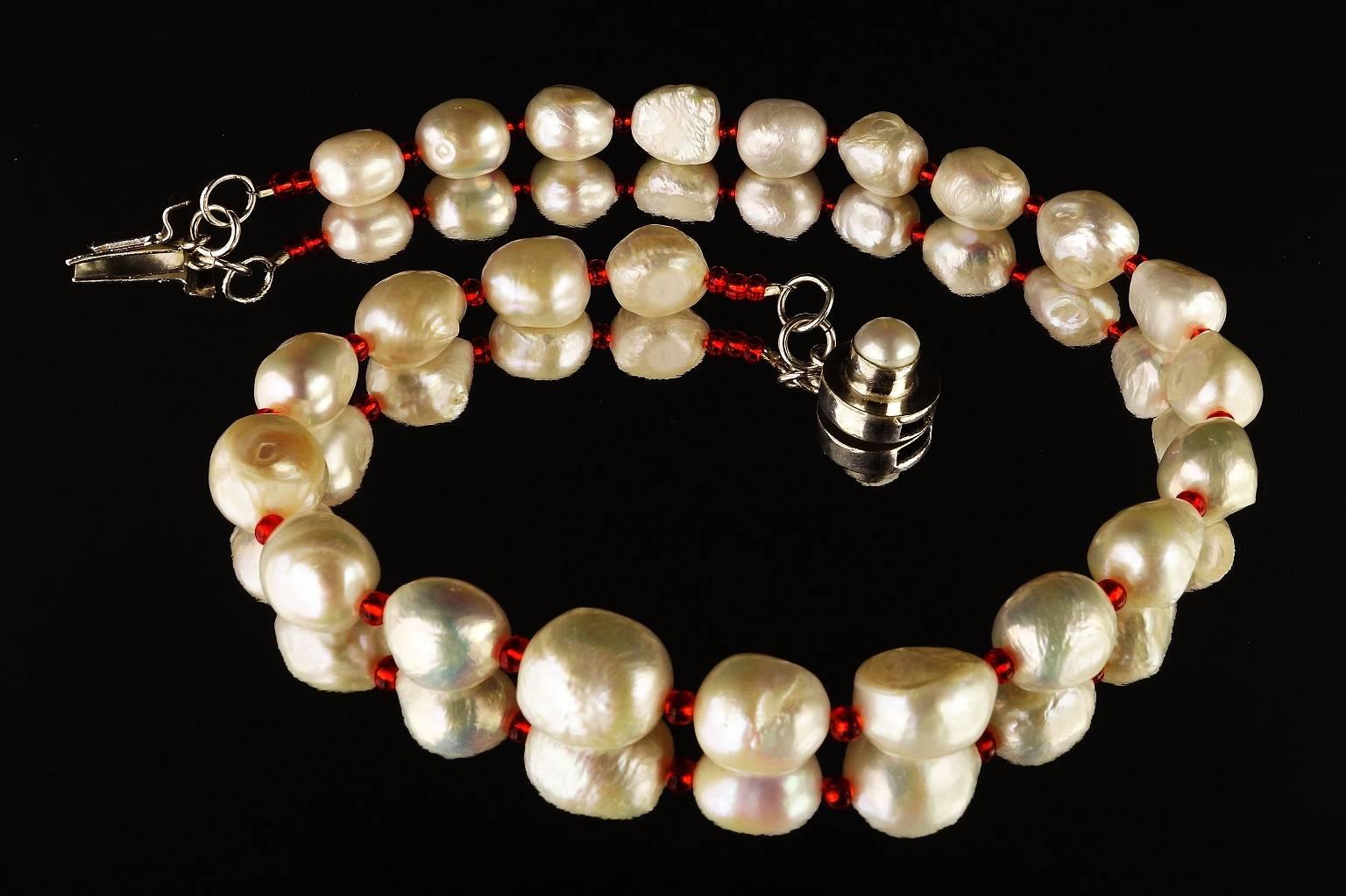 Women's  White Freshwater Pearl Necklace with Red accents