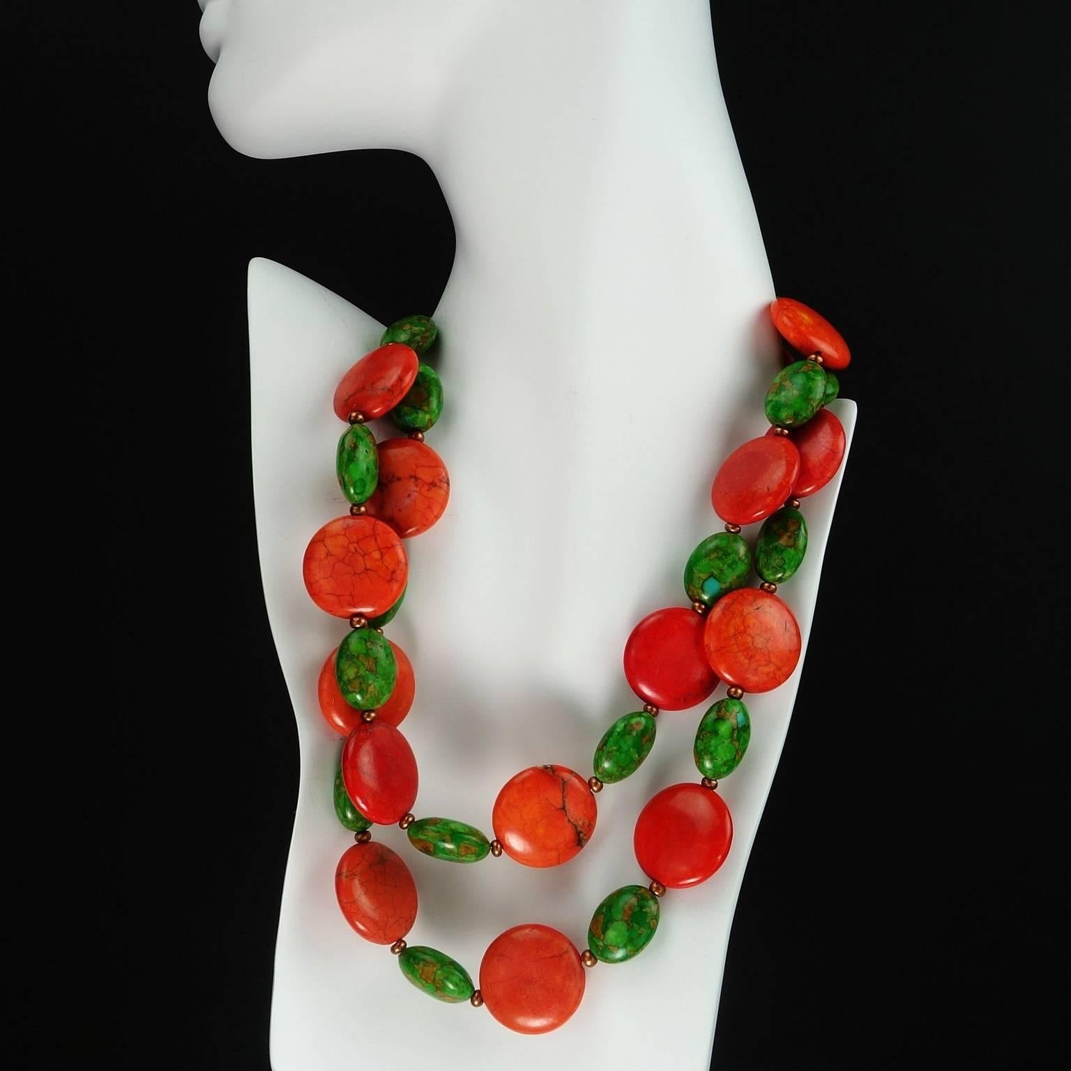 Green Turquoise and Orange Magnesite Multi Strand Necklace In New Condition In Raleigh, NC