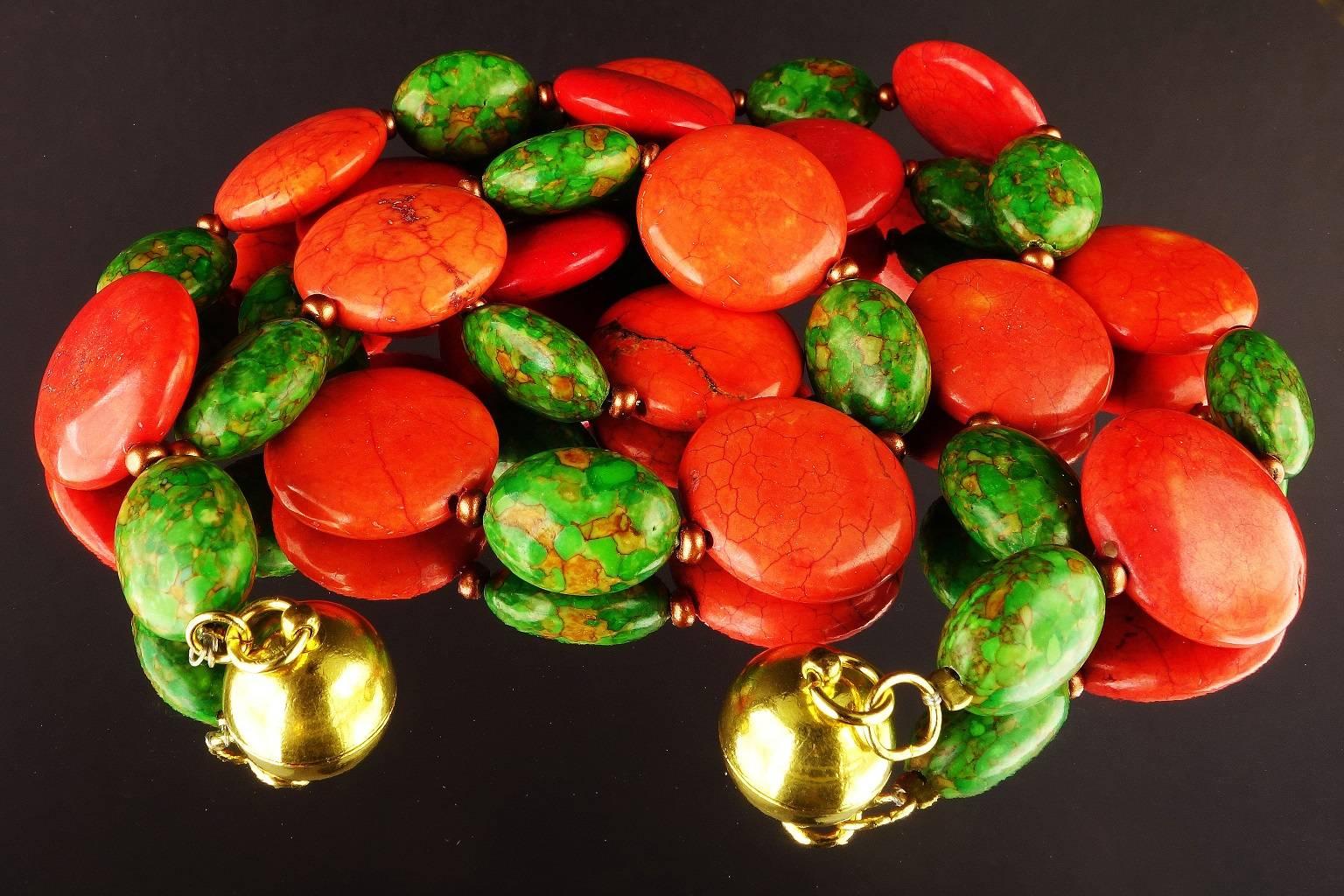Women's Green Turquoise and Orange Magnesite Multi Strand Necklace