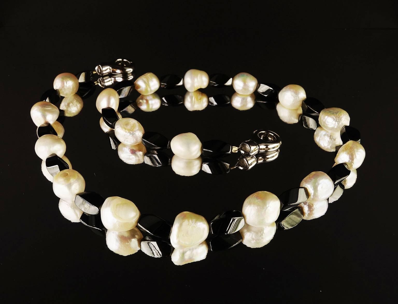 Bead White Freshwater Pearl and Hematite Necklace 