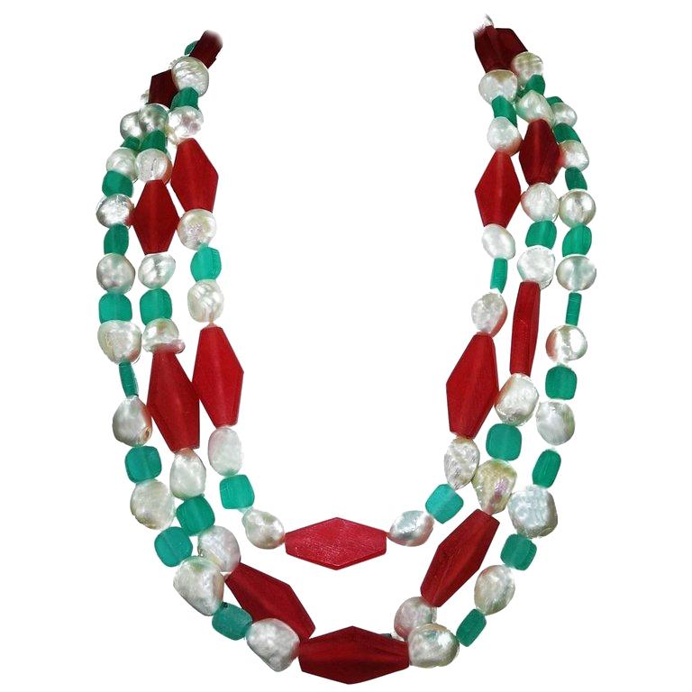 Pearls and Pink and Turquoise Cruise/Summer Necklace 1