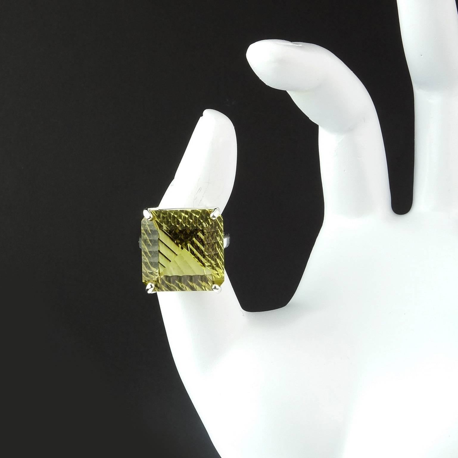 Square Brazilian Fancy Cut Green Gold Quartz and Sterling Silver Ring In New Condition In Raleigh, NC