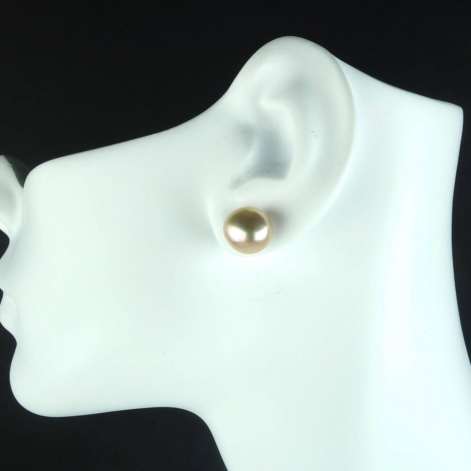 These Pearl Stud earrings are perfect for teleconferencing! And, they are available for immediate shipment. 
Your classic jewelry must have, lustrous, glowing 11 MM Pearl Studs. These gorgeous studs are a light cream/bronze with 14k yellow gold