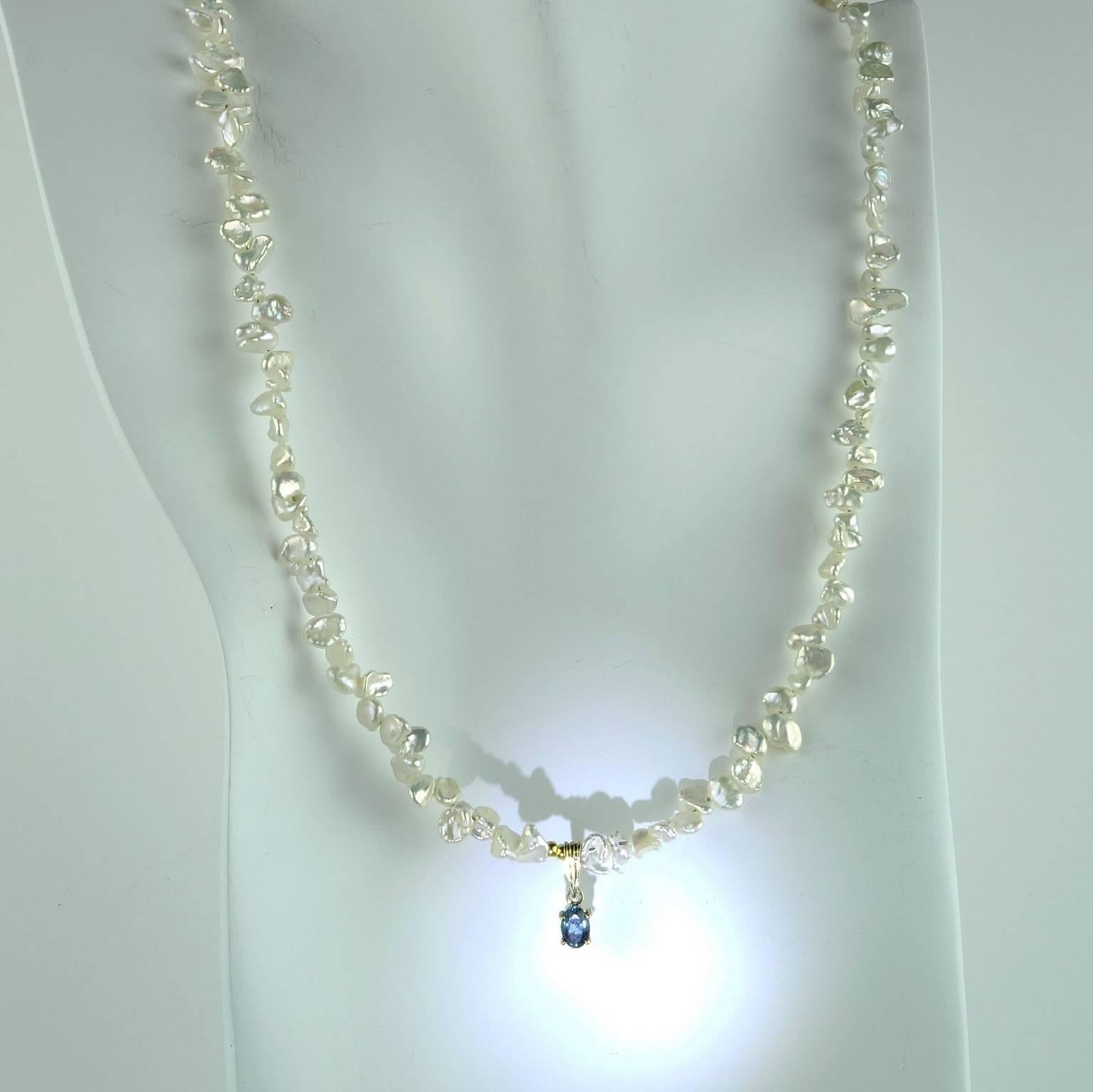 Bead AJD Blue Tourmaline Set on Pearl Necklace